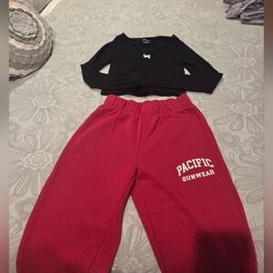 Set Of  Pacsun Black Long Sleeve Top and Red Sweatpants Set